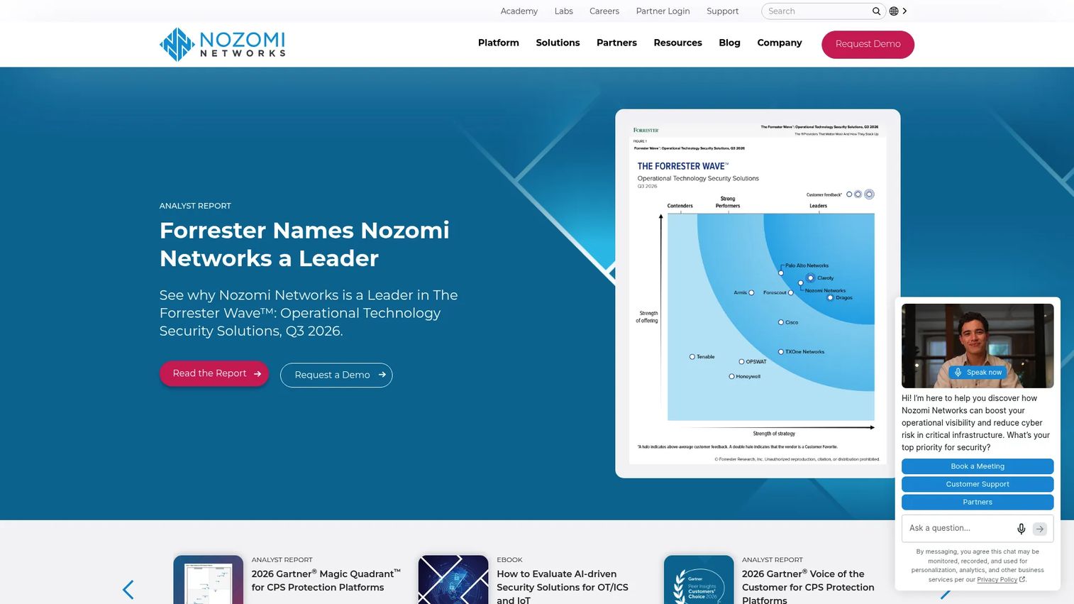 Nozomi Networks homepage showing OT and IoT cybersecurity platform