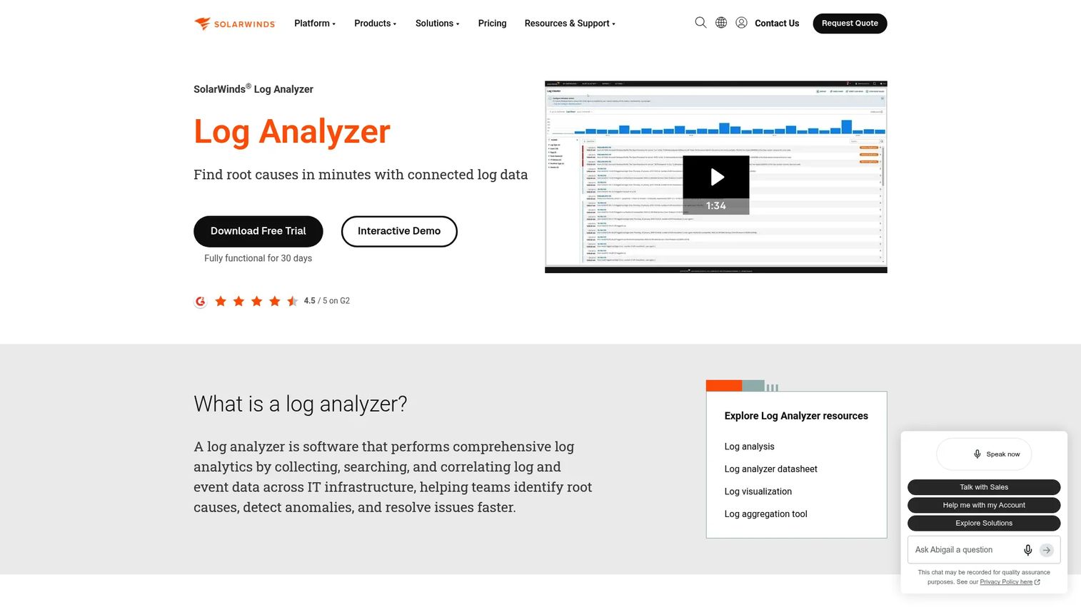 SolarWinds Log Analyzer event visualization and search interface