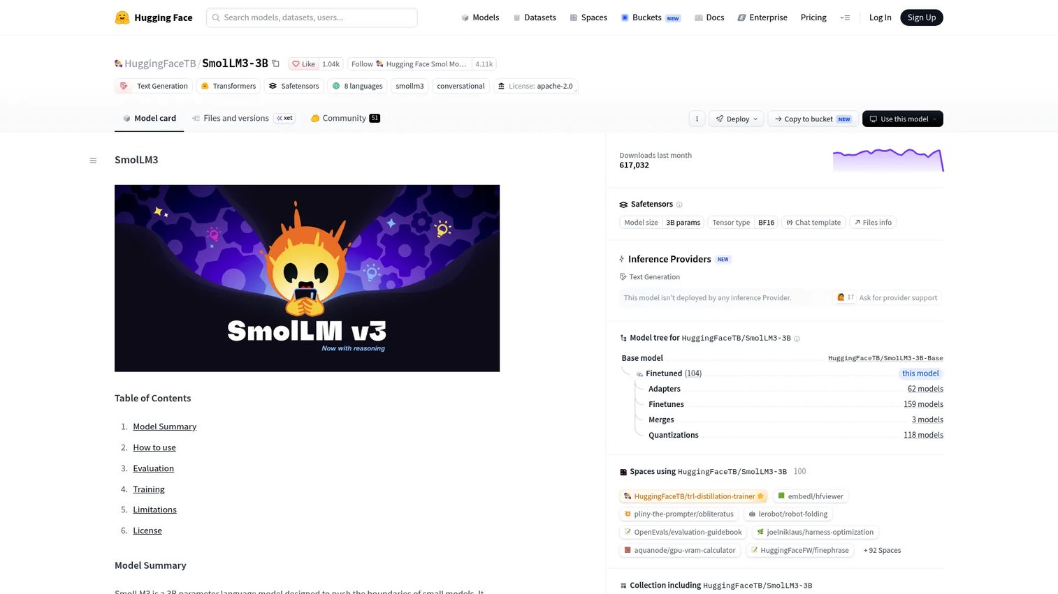 SmolLM3-3B model card for compact open-model experimentation