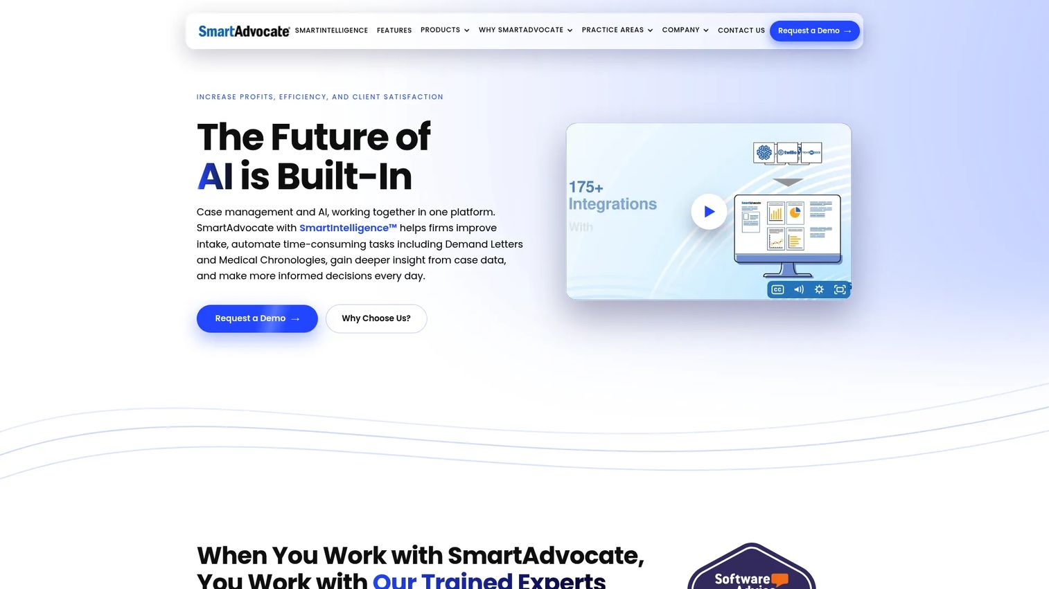 SmartAdvocate legal case management platform showing AI-assisted case workflows, document management, and reporting for law firms