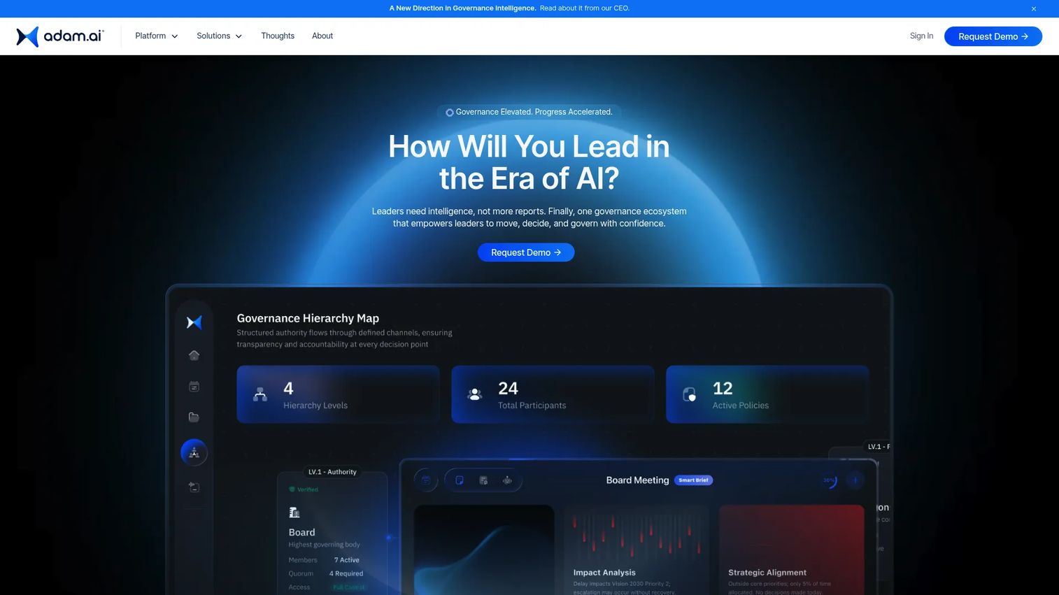 adam.ai homepage screenshot showing governance meeting dashboard and decision tracking