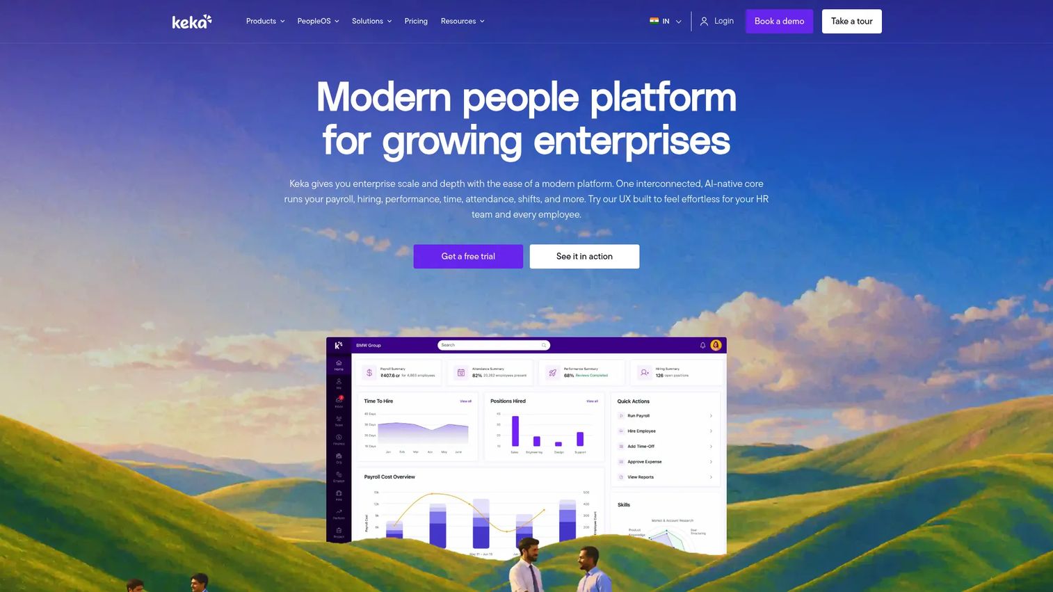 Keka HR platform showing payroll, performance management, and employee engagement features