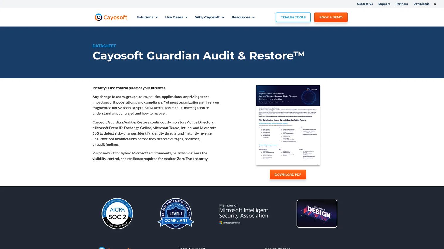 Cayosoft Guardian product page showing Microsoft identity protection, AD monitoring, and recovery features