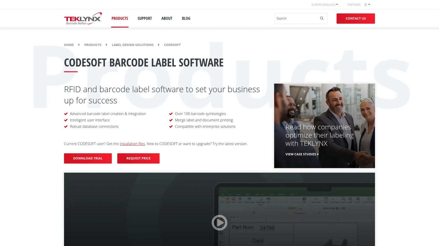 CODESOFT barcode label design workspace with variable data fields