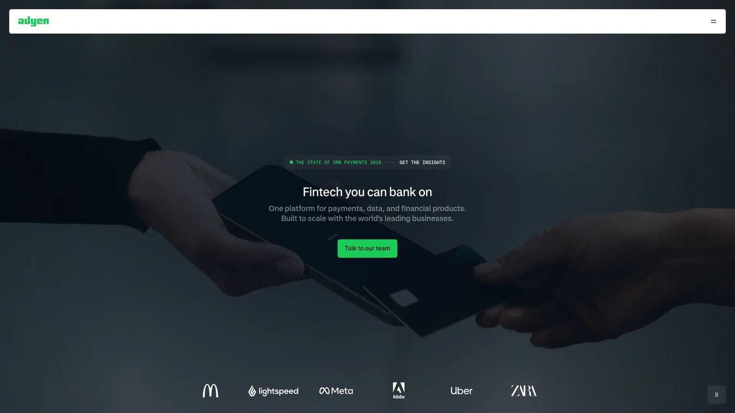 Adyen enterprise payment software for global online, mobile, and in-person payment processing.