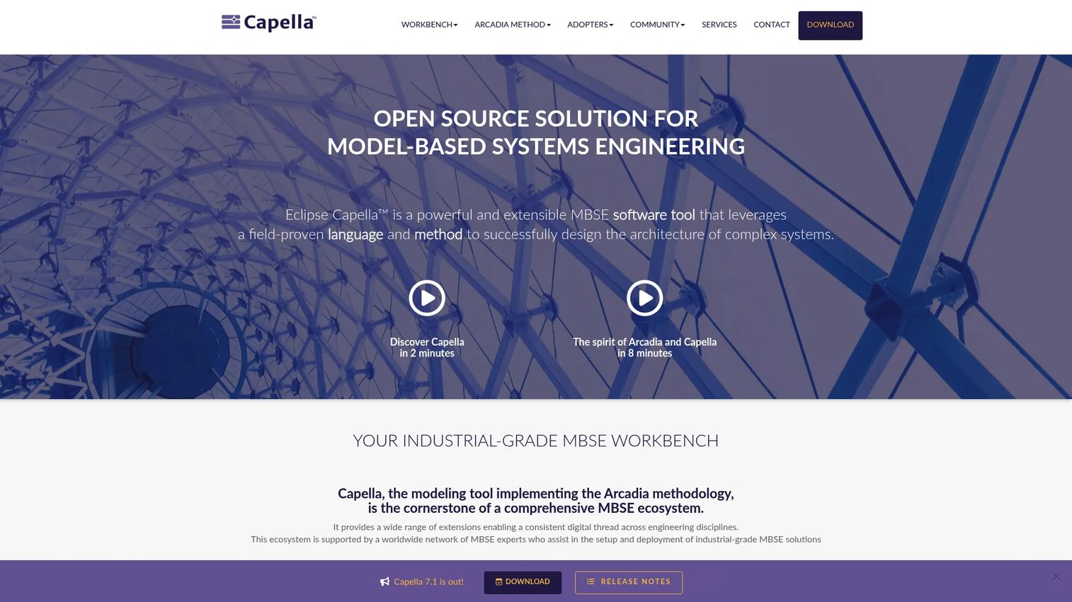 Capella homepage showing open-source MBSE tool based on the Arcadia methodology