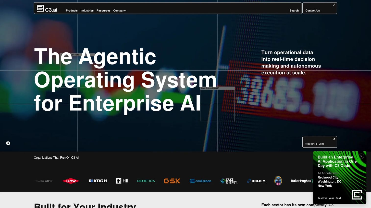 C3 AI homepage showing enterprise AI applications for utilities and revenue protection
