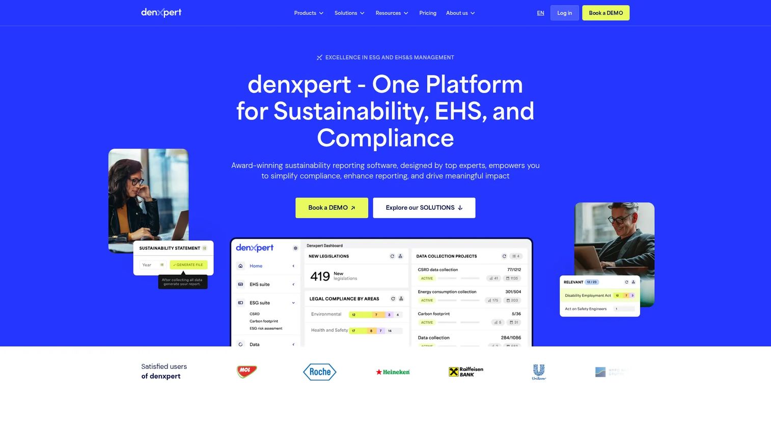 Denxpert homepage screenshot showing sustainability and EHS compliance platform