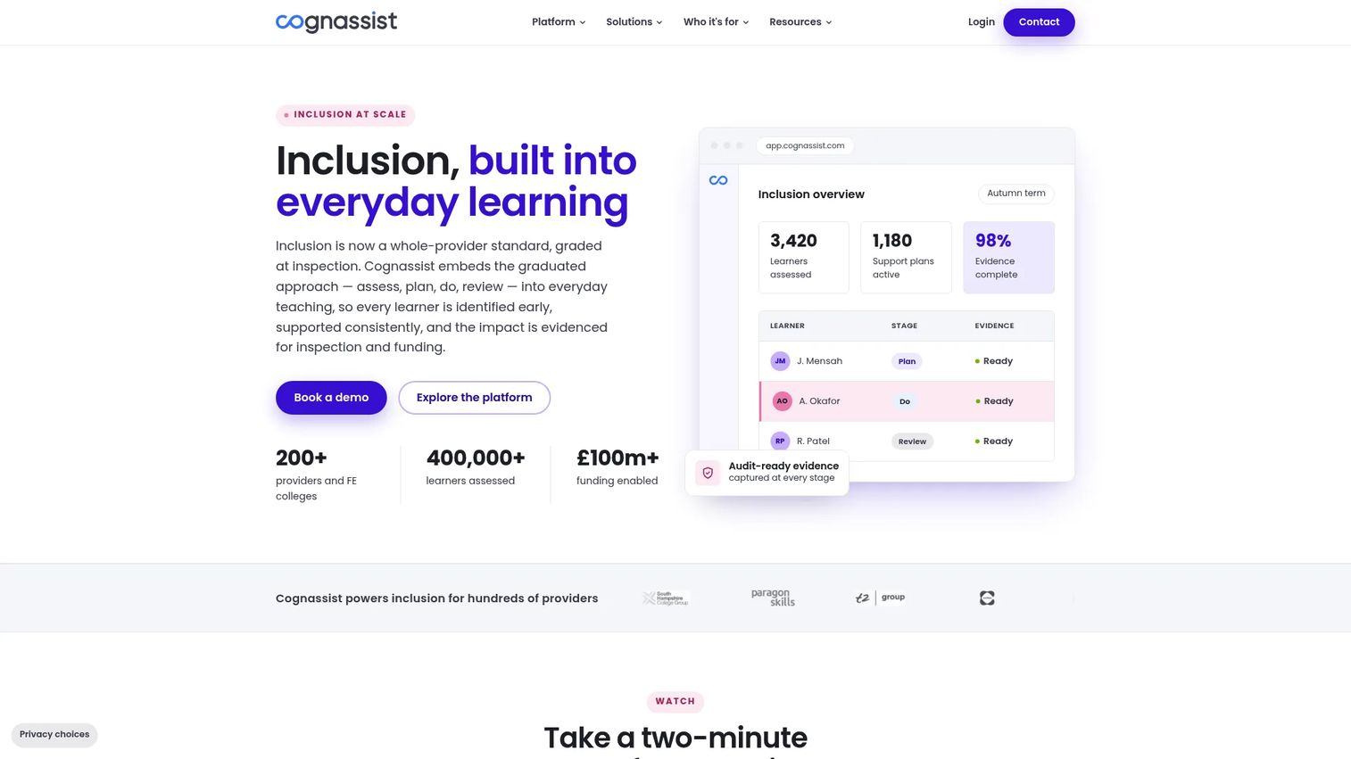 Cognassist learner support platform for neurodiversity and cognitive needs