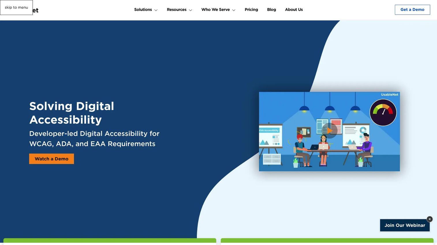 UsableNet AQA accessibility testing dashboard with remediation tracking