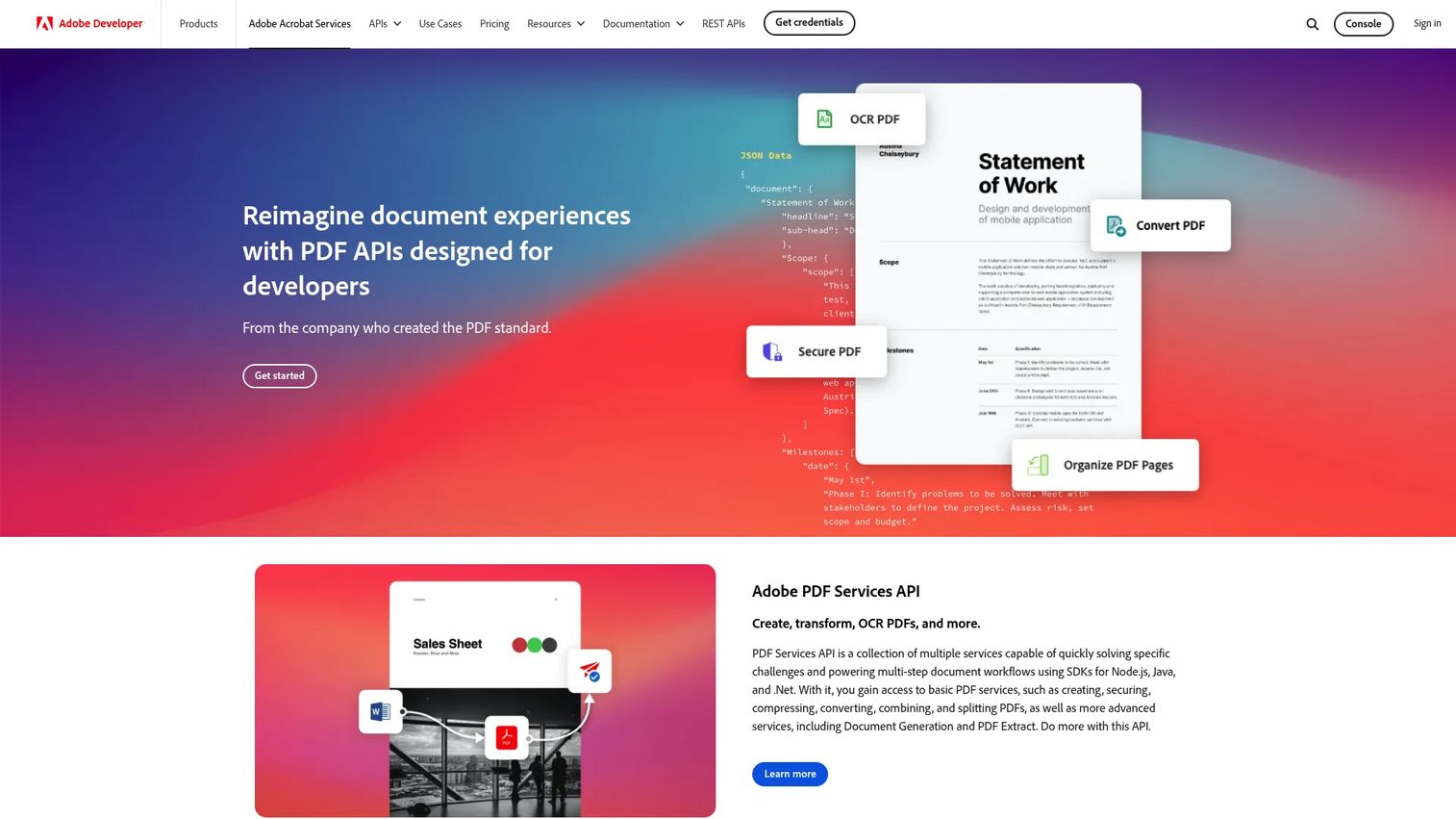 Adobe PDF Services API workflow for document conversion and extraction