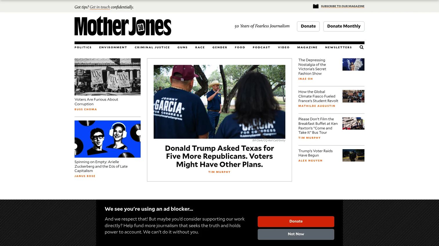 Mother Jones homepage showing investigative journalism and political reporting