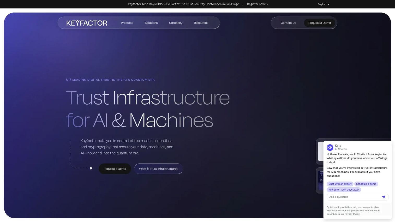 Keyfactor homepage showing machine identity and PKI platform