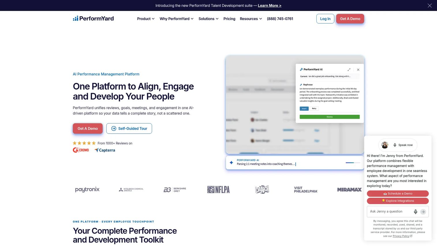 PerformYard performance management platform showing customizable review cycles and goal management