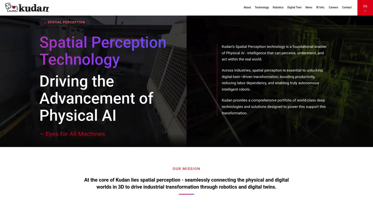 Kudan AR SDK page showing SLAM and spatial computing capabilities