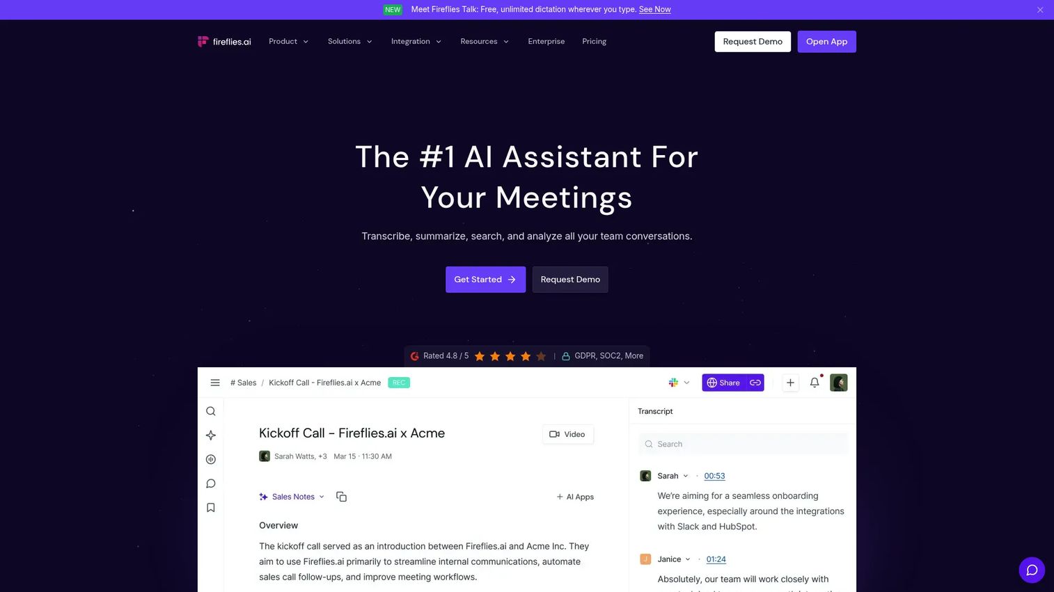 Fireflies.ai productivity bot capturing product meeting decisions and action items.