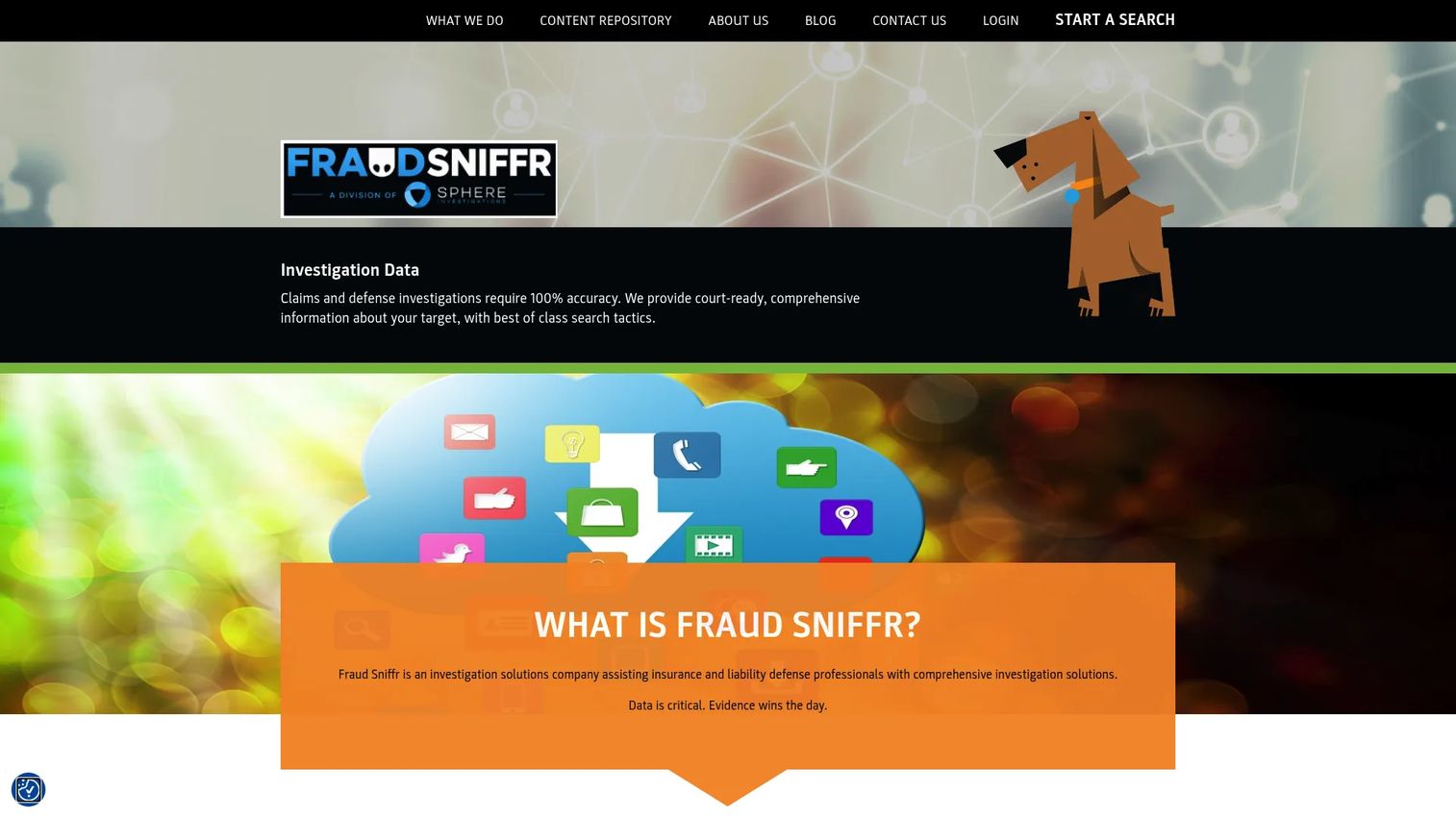 FraudSniffr homepage showing social media investigation services for insurance claims defense