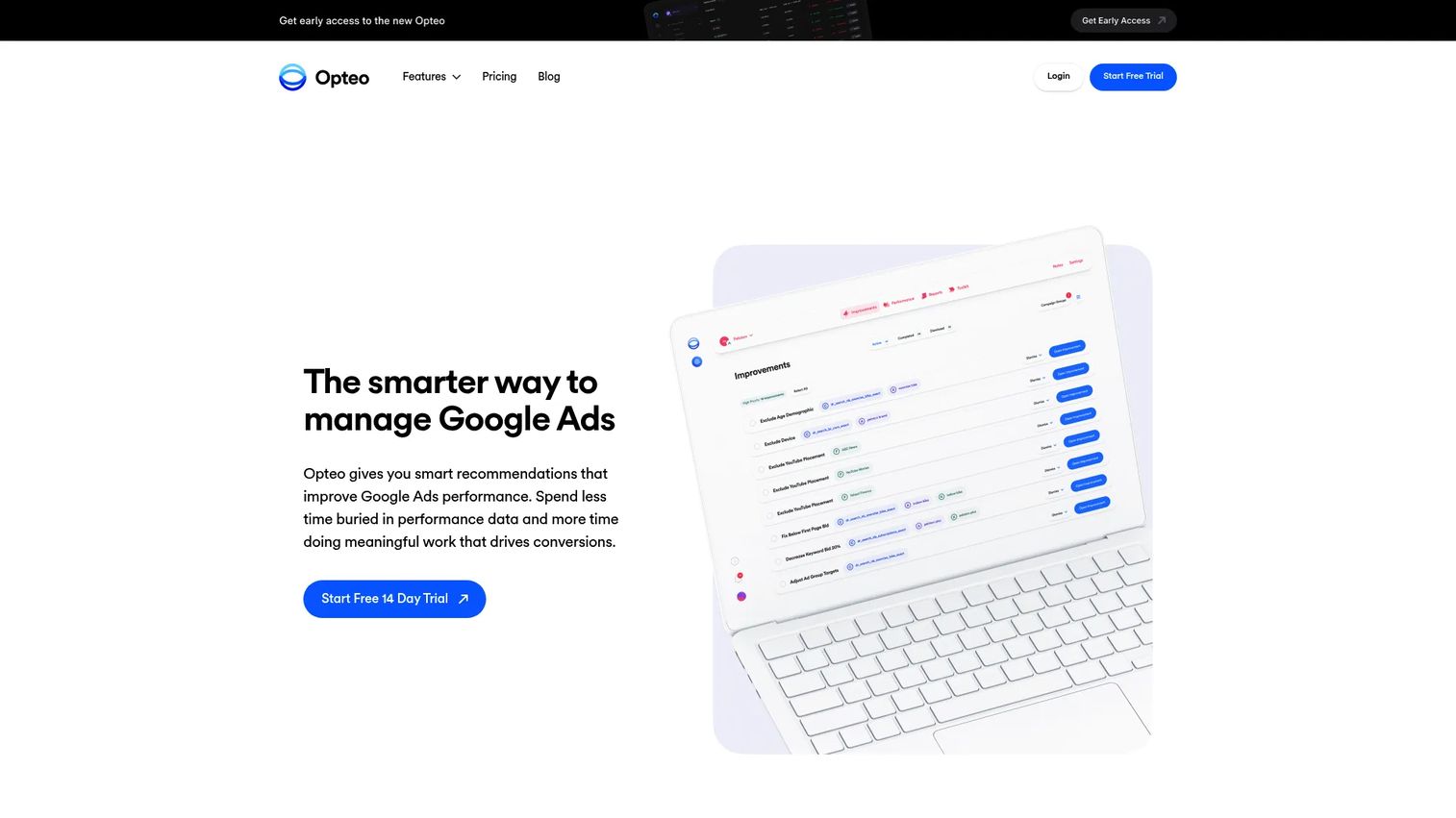 Opteo Google Ads optimization recommendations dashboard