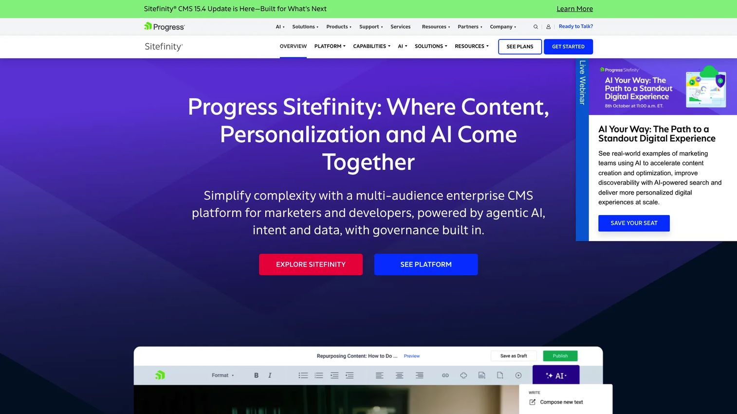 Progress Sitefinity CMS and digital experience platform homepage