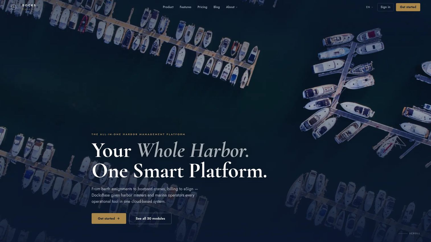 DocksBase harbor management software with berth assignments, billing, e-signatures, and customer portal.