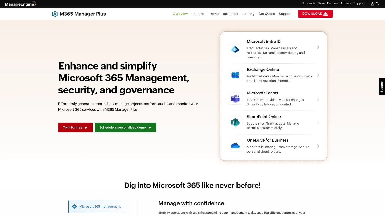 ManageEngine M365 Manager Plus interface for Microsoft 365 administration and automation