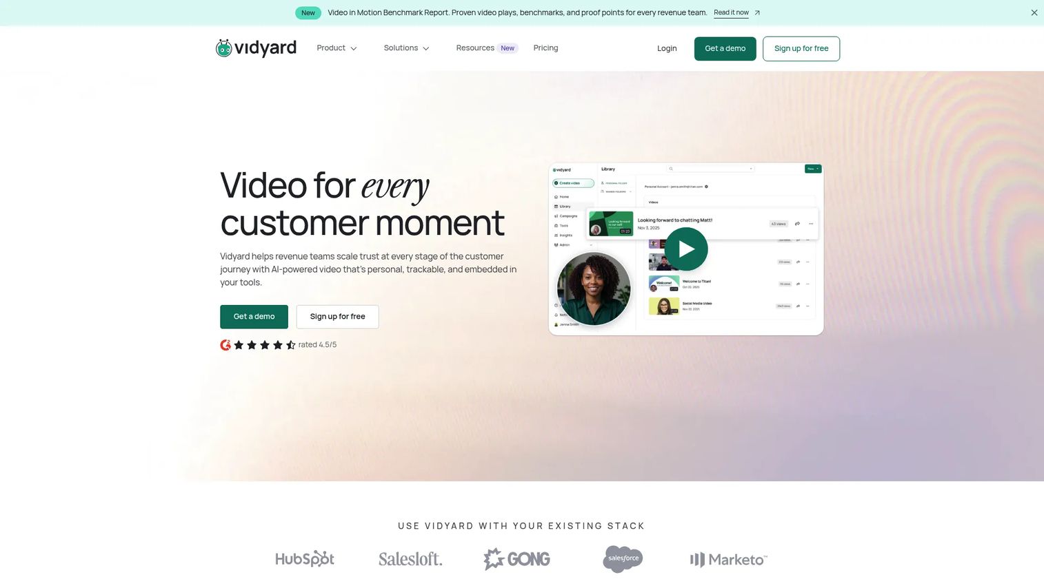 Vidyard sales and marketing video platform homepage