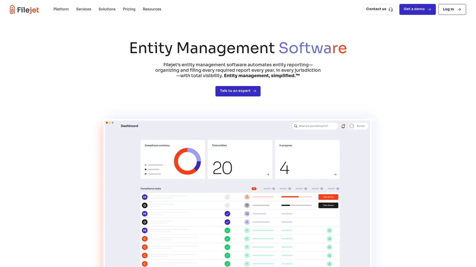 Filejet entity management and compliance platform dashboard