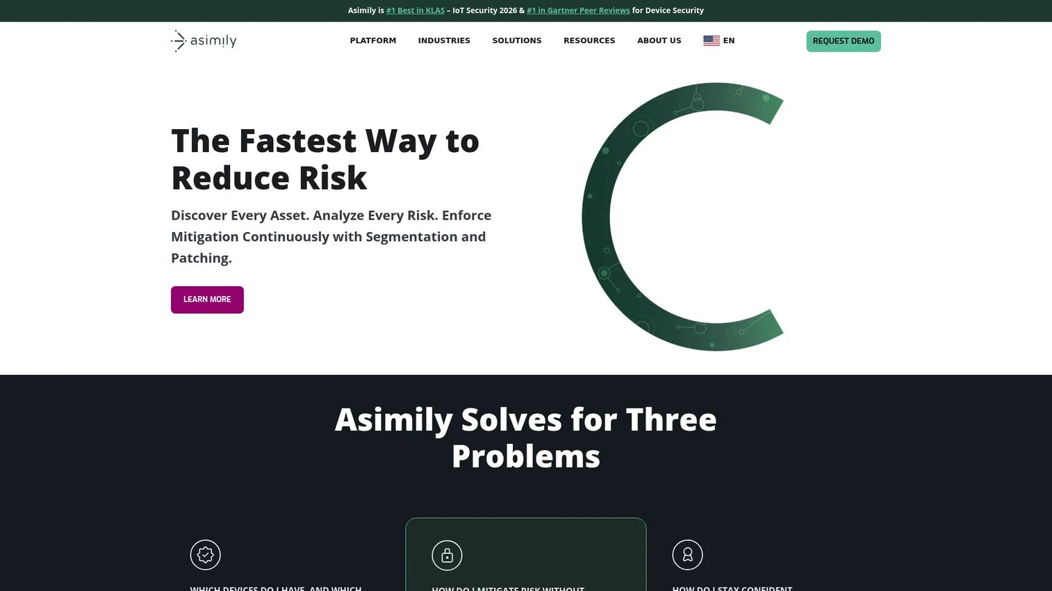 Asimily homepage showing IoT and IoMT risk management platform