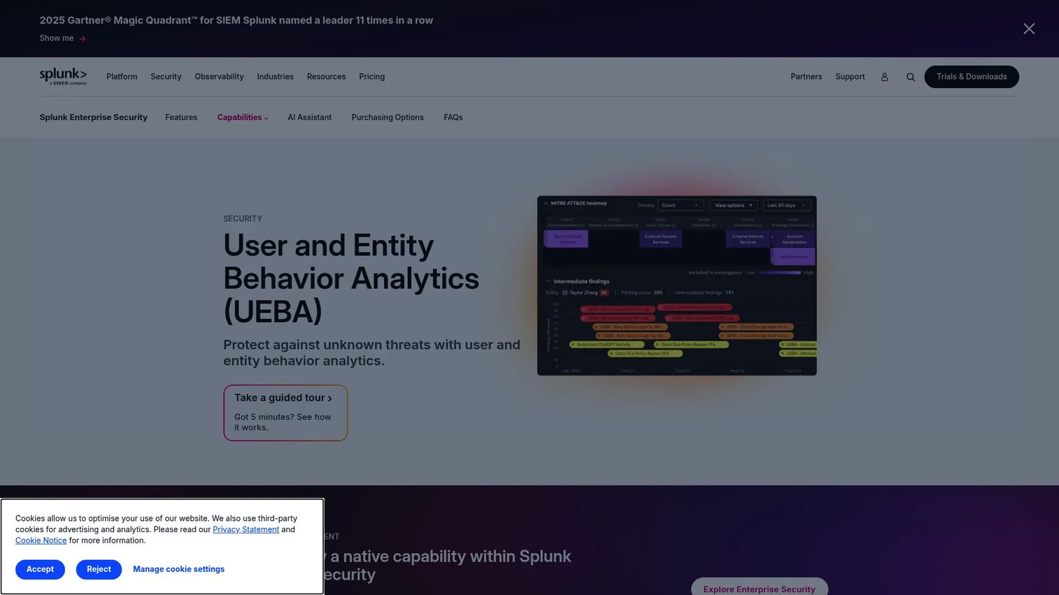 Splunk User Behavior Analytics interface showing user risk and security events