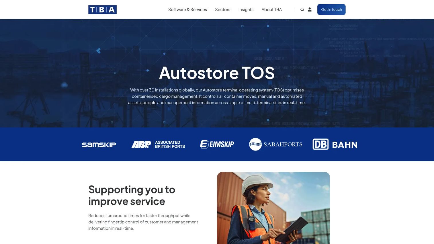 TBA Autostore TOS homepage showing container terminal operating system by TBA Group