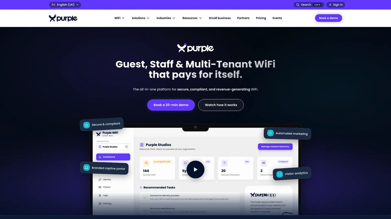 Purple venue Wi-Fi platform showing captive portal analytics, guest engagement dashboard, and presence reporting