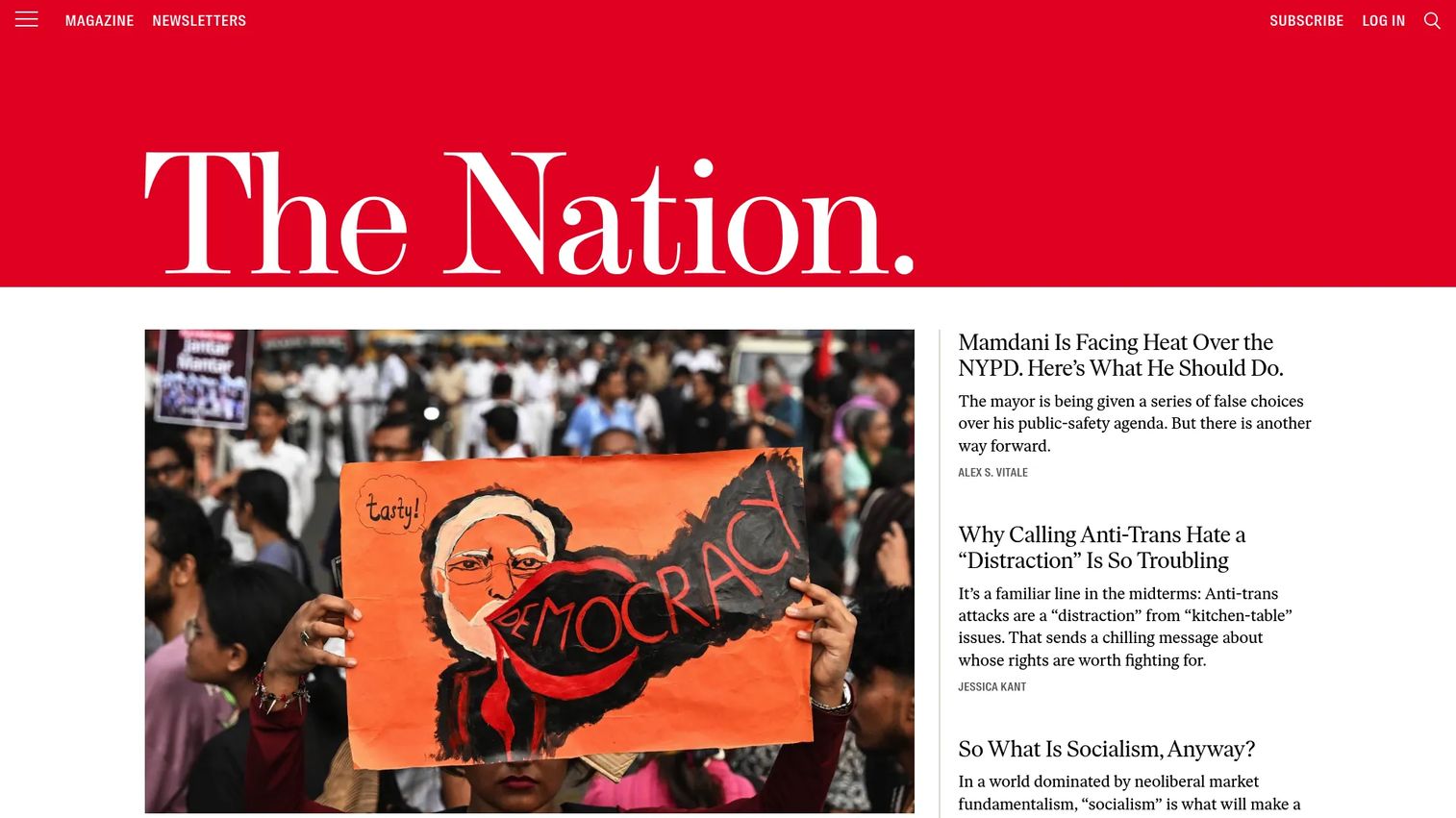 The Nation homepage showing progressive political journalism and magazine coverage
