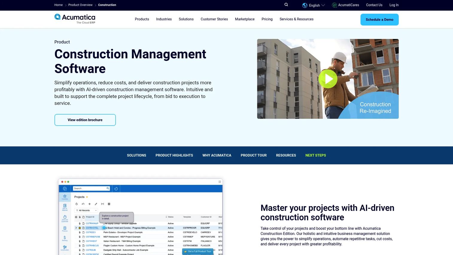 Acumatica Construction Edition dashboard with project cost and financial data