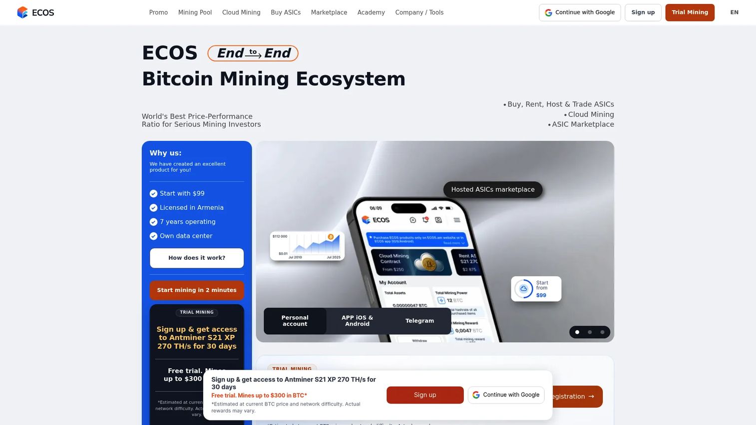 ECOS cloud mining platform dashboard