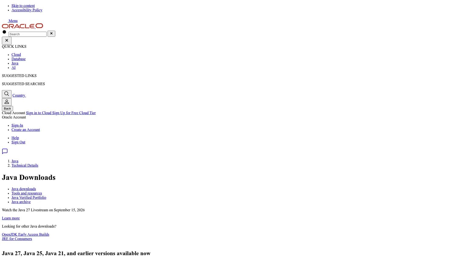Oracle JDK Java SE download page