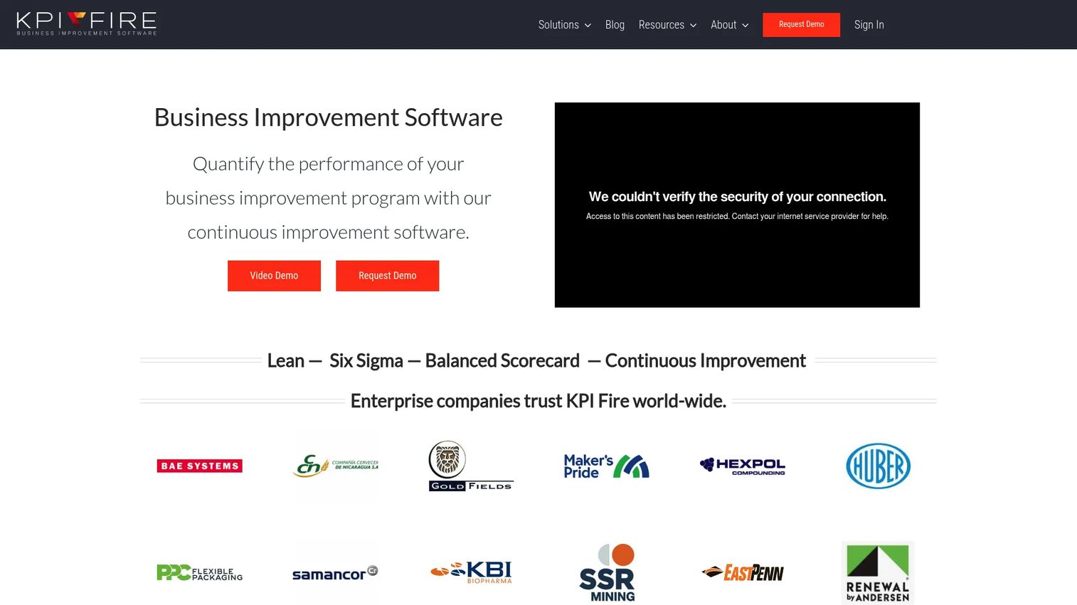 KPI Fire homepage screenshot showing strategy execution and continuous improvement dashboard