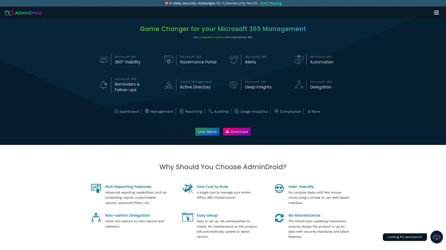 AdminDroid 365 reporting dashboard for Microsoft 365 auditing and administration