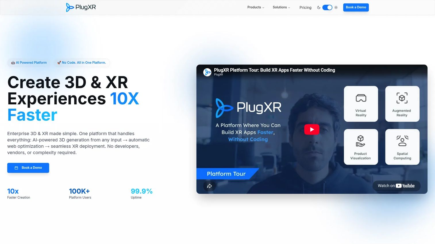 PlugXR editor showing no-code AR creation with drag-and-drop tools