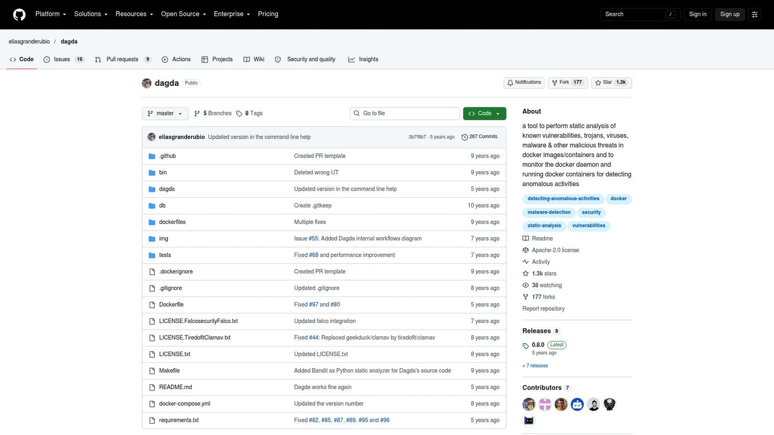 Dagda container security tool GitHub page