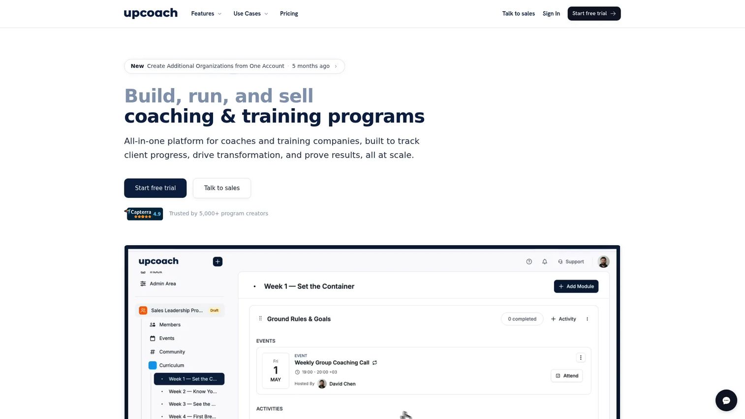 UpCoach platform showing group coaching program workspace and cohort management