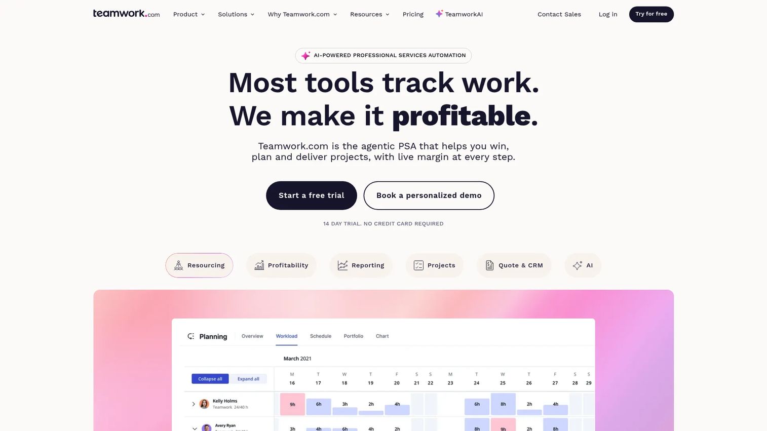Teamwork.com homepage showing project delivery, resource planning, and profitability tracking