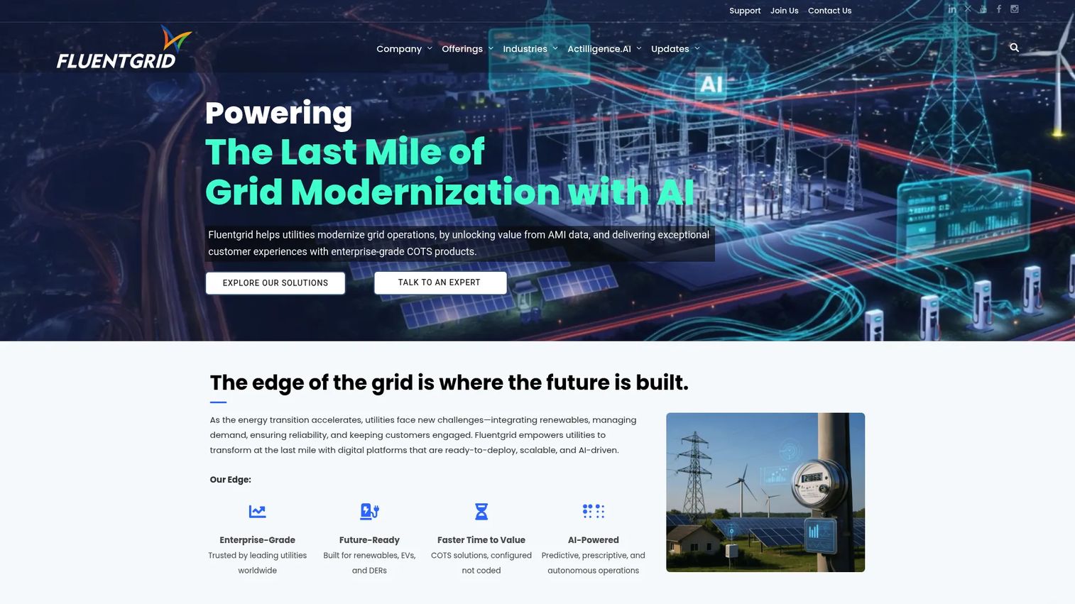 Fluentgrid homepage showing smart utility software and MDMS platform