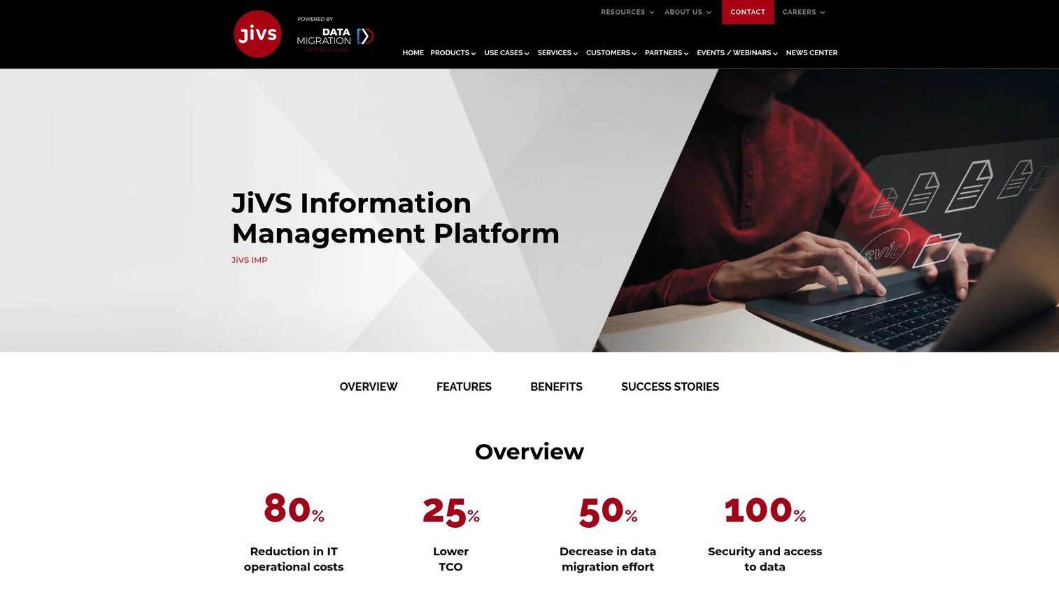 JiVS Information Management Platform screenshot showing data migration, application retirement, and business-object preservation workflow