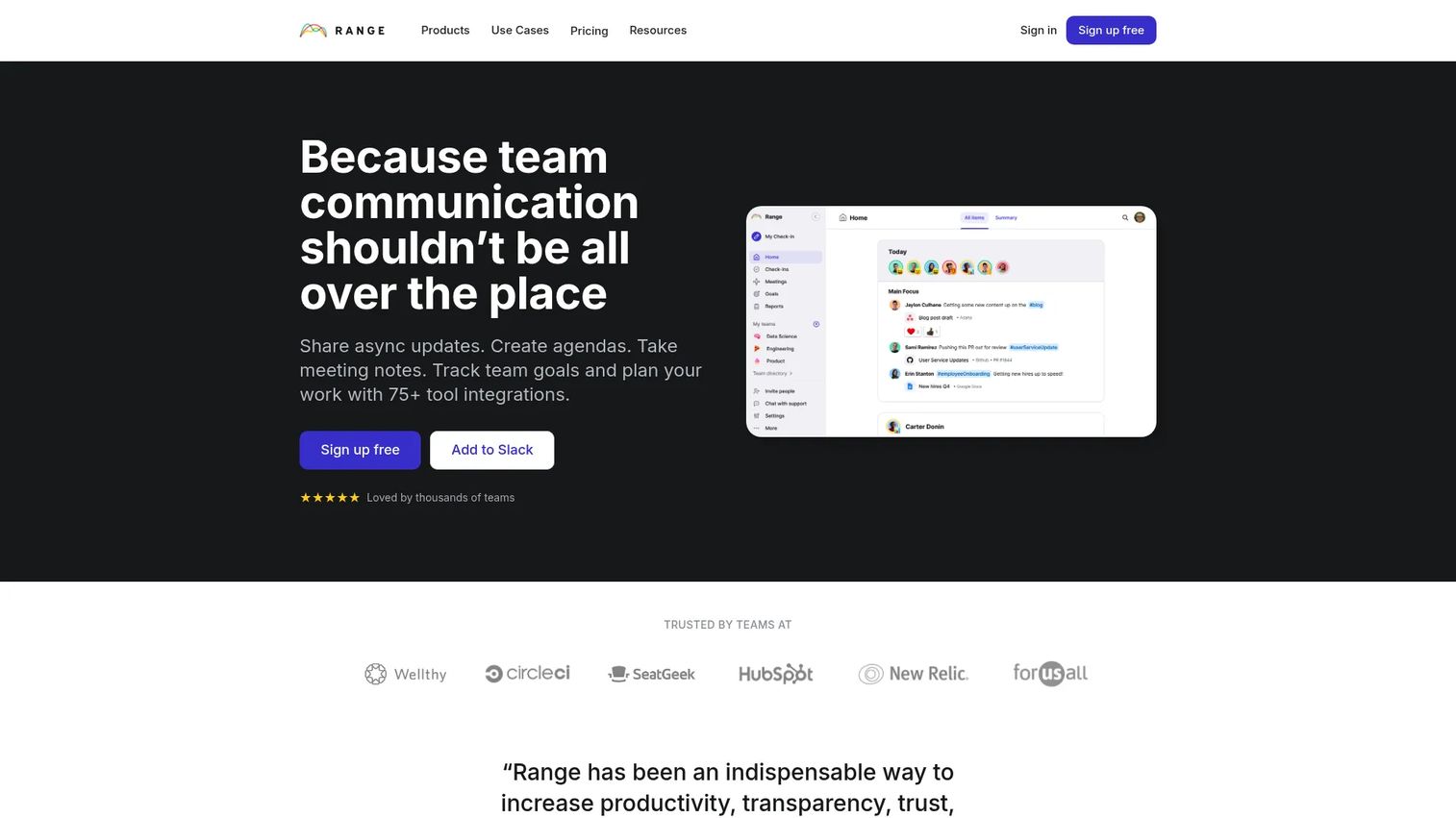 Range homepage screenshot showing team check-in and meeting preparation interface