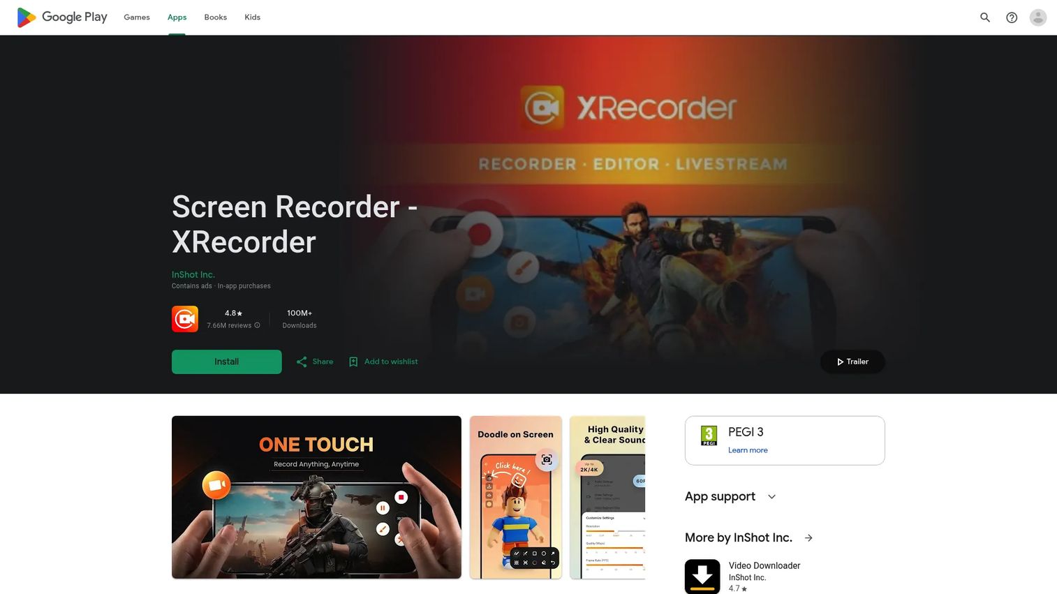 XRecorder Android screen recording app interface