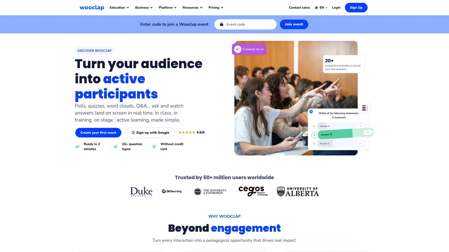 Wooclap interactive audience engagement platform homepage