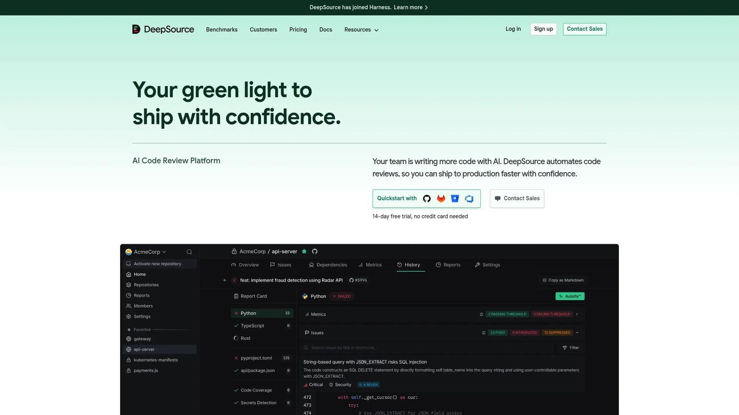 DeepSource dashboard showing repository code analysis findings