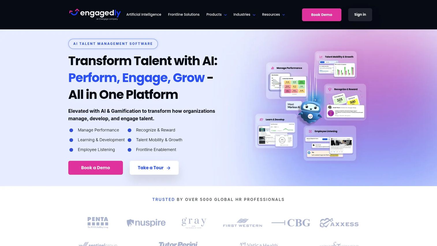 Engagedly talent management platform showing performance reviews, goals, and learning features