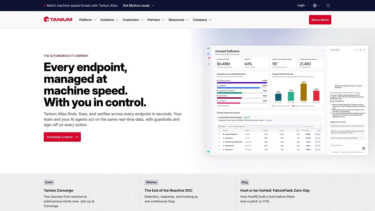 Tanium Autonomous IT Platform dashboard for endpoint exposure remediation