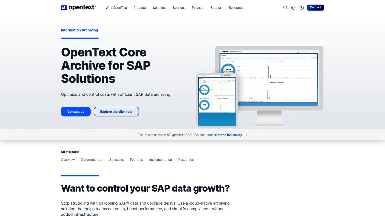 OpenText Core Archive for SAP Solutions screenshot showing SAP data archiving and S/4HANA integration